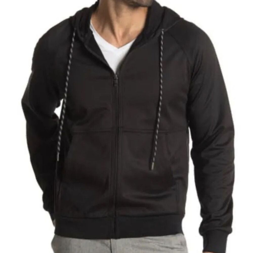 Bugatchi Bicolor Drawstring Zip Up Front Pocket Black Hoodie Sweatshirt Size 2XL